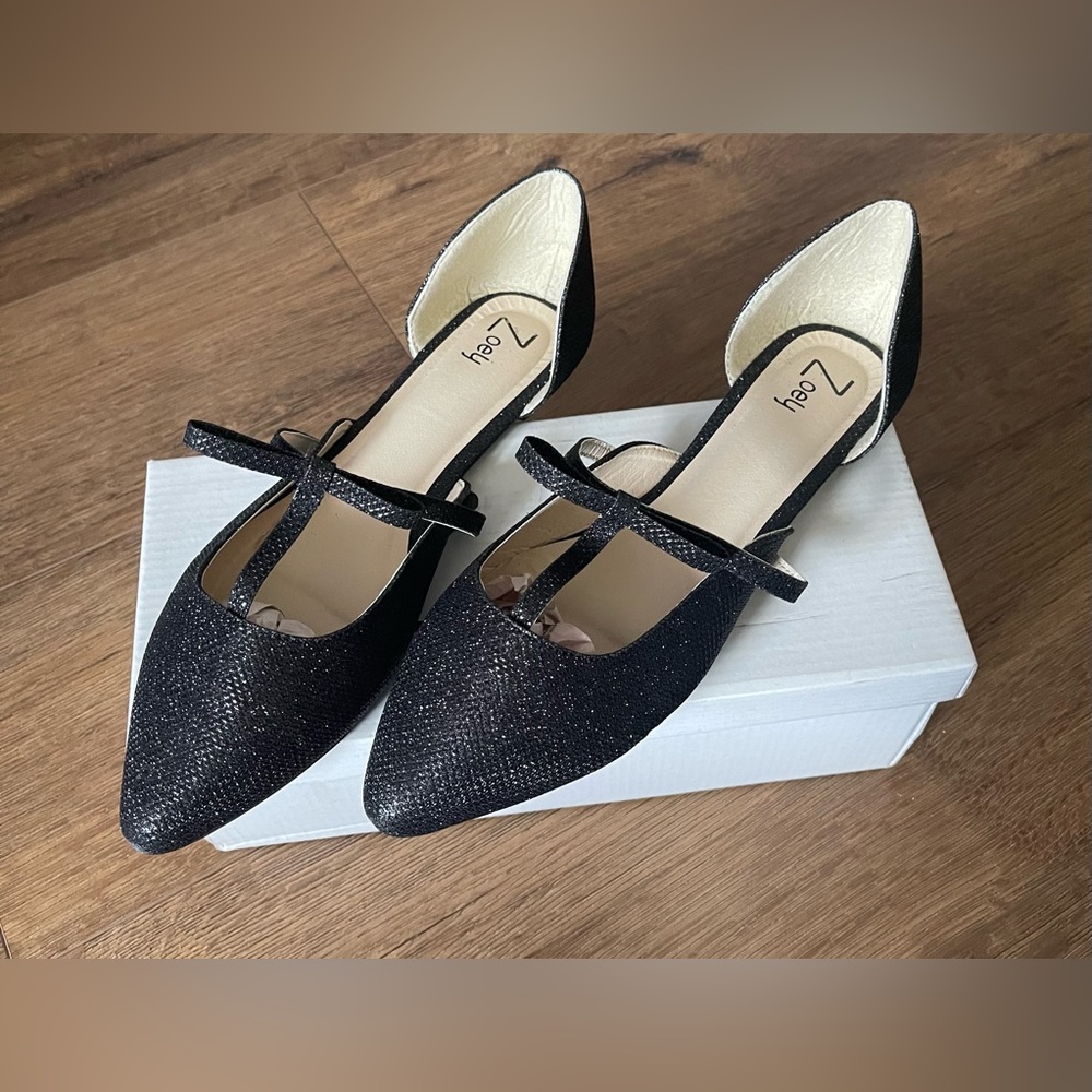 ZOEY-NWT/Box Women's Black Glitter Bow Flats